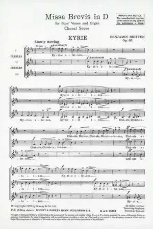Offre spéciale - Boosey & Hawkes Britten - Missa Brevis In D Op. 63 - Boys' Choeur (ssa) et Orgue