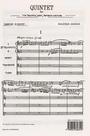 Music Sales ARNOLD MALCOLM - QUINTET FOR 2 TRUMPETS HORN TROMBONE AND TUBA - STUDY SCORE | Promotion