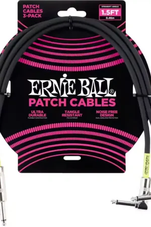 Qualité supérieure - Ernie Ball Cables Instrument Patch Pack de 3 - Droit /Coudé - 46CM Noir