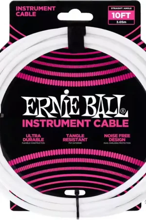 En stock - Ernie Ball Cables Instrument Classic Jack/jack Coudé 3M Blanc