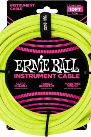 Ernie Ball Cables Instrument Gaine Tisse Jack/jack Coudé 3M Jaune Fluo | Retour gratuit