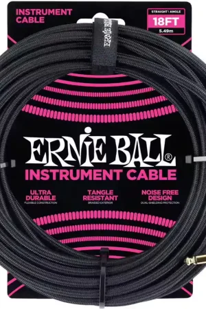 Très demandé - Ernie Ball Cables Instrument Gaine Tisse Jack/jack Coudé 5,5M Noir