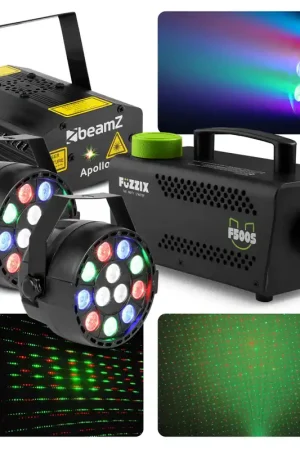Déstockage | Kit Complet d'Éclairage BeamZ avec Laser, Spots PAR et Machine à Fumée 500W