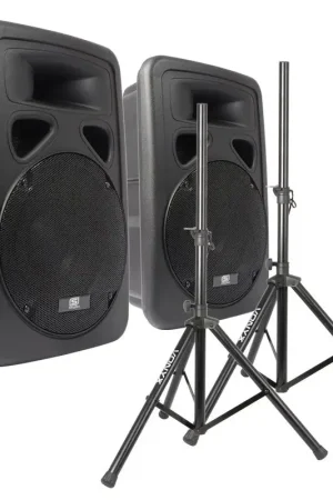 Disponible dès maintenant - SkyTec SP1200A - 2 Enceintes Actives 12", 600 Watts Puissance avec Pieds et Sacoche
