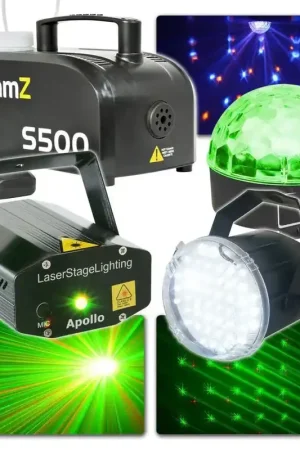 Kit d'Éclairage Complet Disco BeamZ avec Machine à Fumée, Laser, Jelly Ball et Stroboscope - Envoi rapide