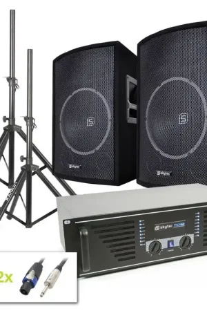 Tendance | SkyTec Kit Sono DJ 1000W avec Amplificateur, Haut-Parleurs 15" et Supports