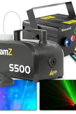 Prix doux - BeamZ S500-P - Machine à Fumée en Plastique avec Liquide et Double Laser Vert et Rouge + LED Bleu