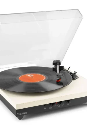Audizio RP113C Platine Vinyle Cuir Bluetooth avec Haut-Parleurs Intégrés - Cuir Double Piqure Blanc Crème | Déstockage