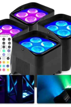 BeamZ BBP94W - Lot de 4 Projecteurs PAR Uplight sur Batterie RGBWA WDMX - 48 Watts - Tendance