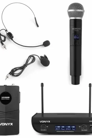 Vonyx WM82C - 1 Micro à Main et 1 un Micro Casque avec Émetteurs de Poche UHF | Remise supplémentaire