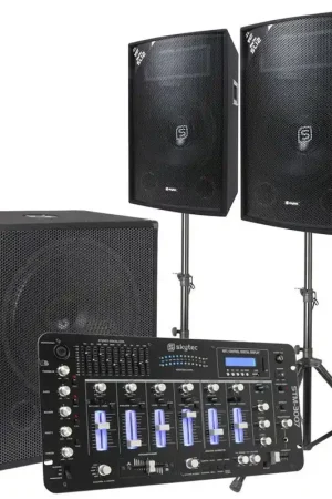 Skytec - Pack Sono DJ 2.1 1600W avec Caisson de Basses 18", 2 Enceintes 12", Table de Mixage, Pieds et Câbles - Système Sonorisation Complet - Disponible maintenant